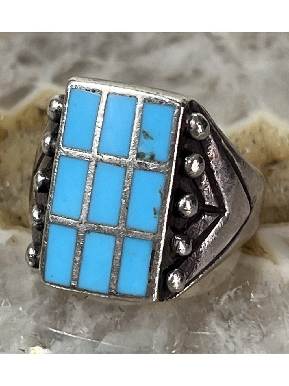 Old Pawn Native American Sterling Silver Turquoise Inlay Ring Sz 9 12.5g